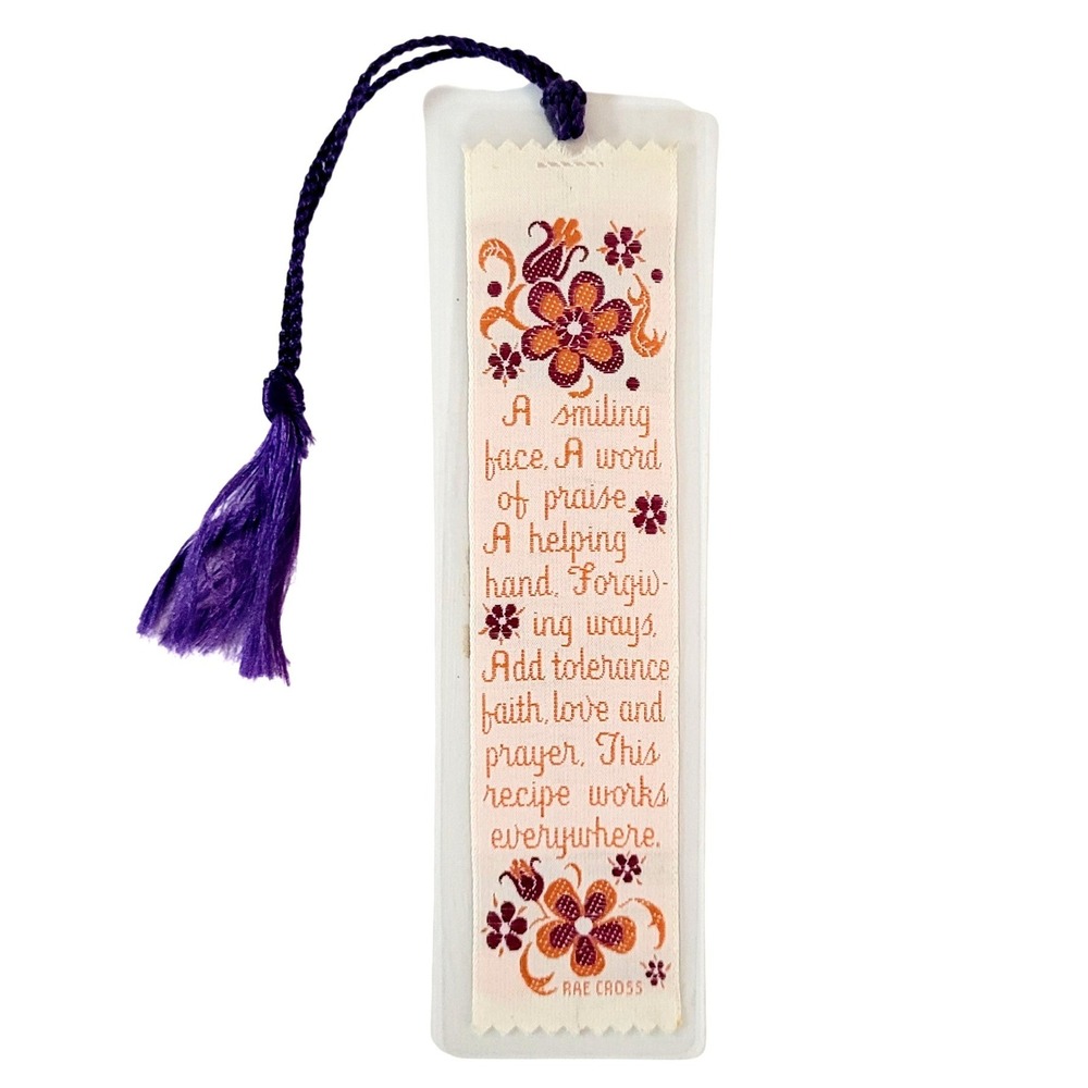Vintage 60s Rae Cross Floral Love Prayer Bookmark, woven fabric Weve-a-Gift 1960